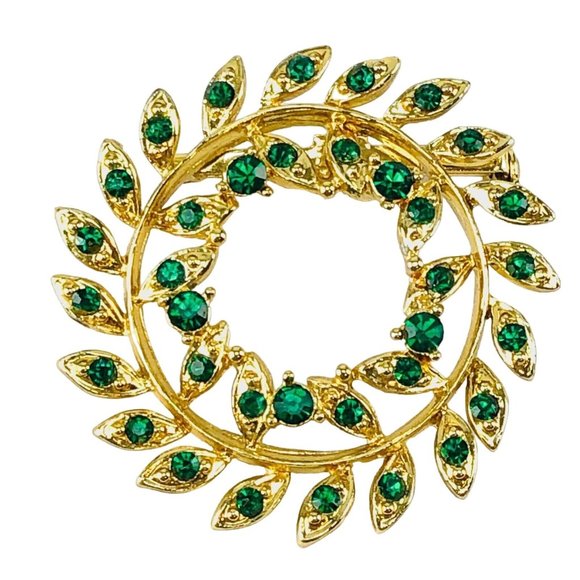 Unbranded Jewelry - Coro Vintage Brooch Gold Tone Wreath Green Rhinestones Crystals